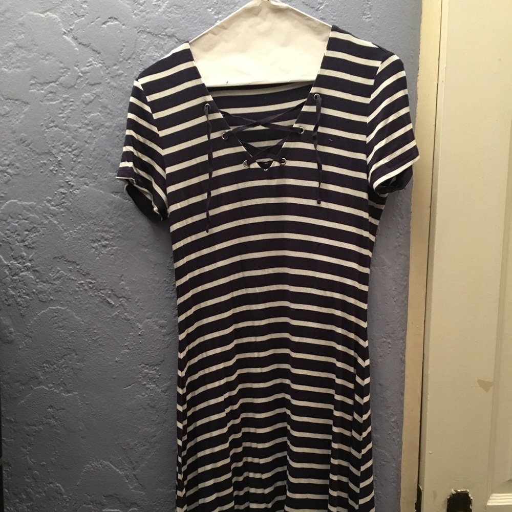 Navy blue and white striped lace up skater dress